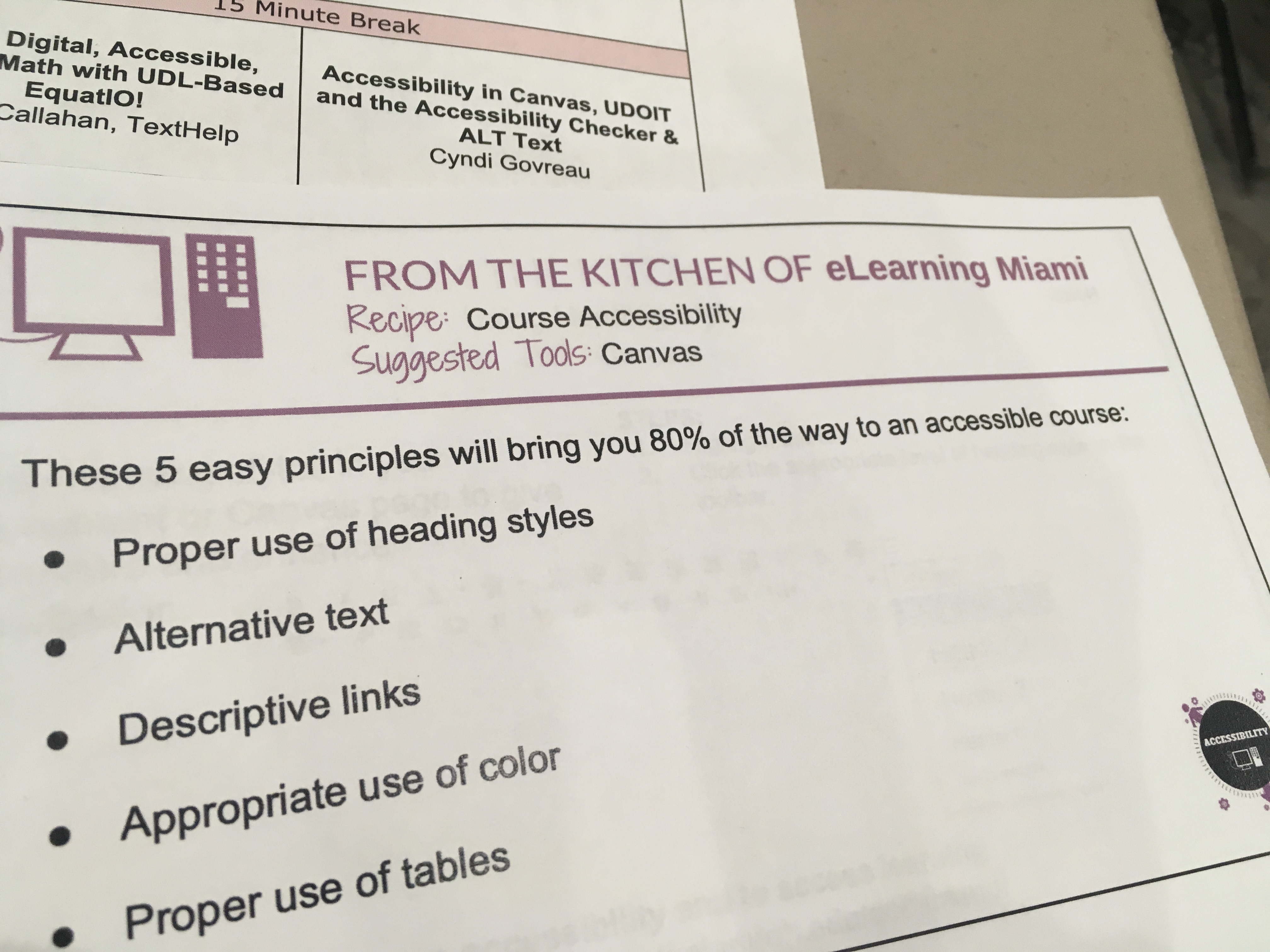A card handed out by the elearning folks about a recipe for accessibility. 