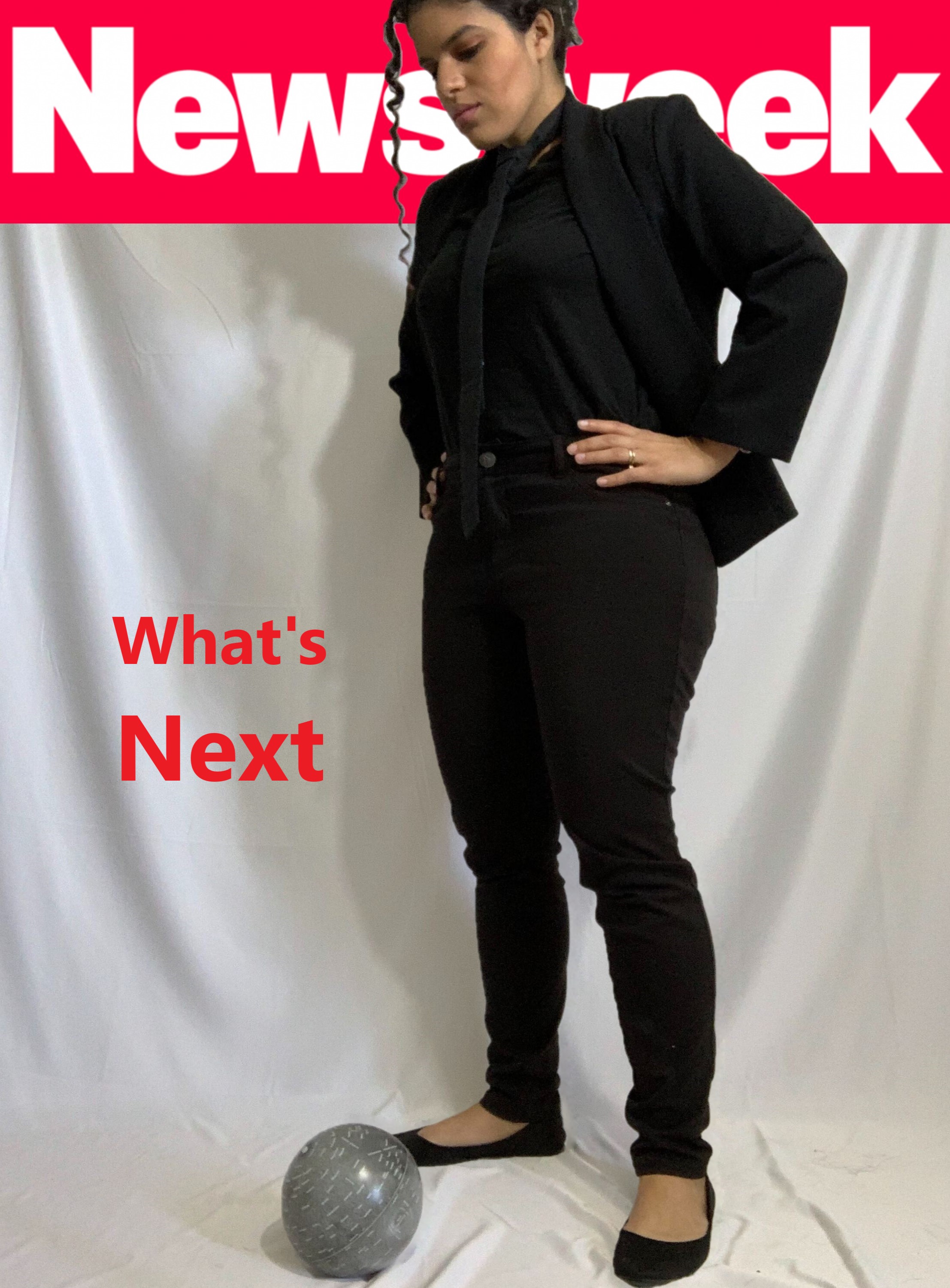 Sofia Olaya standing over a globe with the caption 'what's next' on a parody Newsweek cover, similar to the cover shown in the Iron Man movies