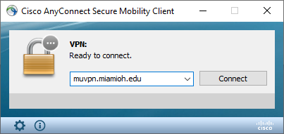 Image of the VPN client. It displays muvpn.miamioh.edu in the dropdown menu