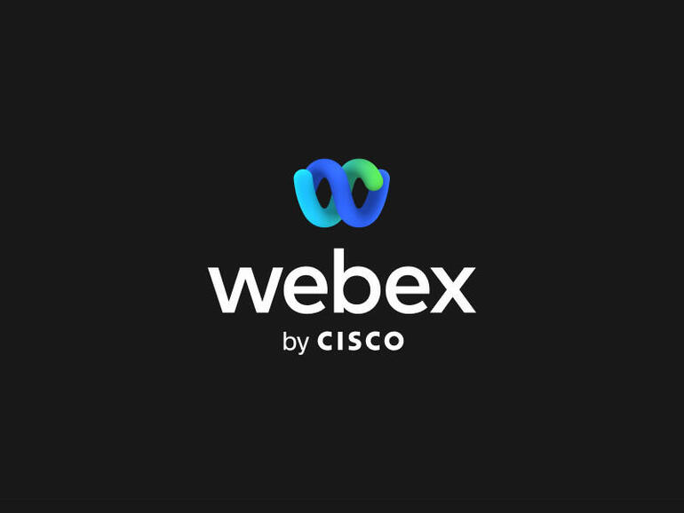 Blue and green noodle logo over a black background, surrounded by text that reads 'Webex by Cisco'