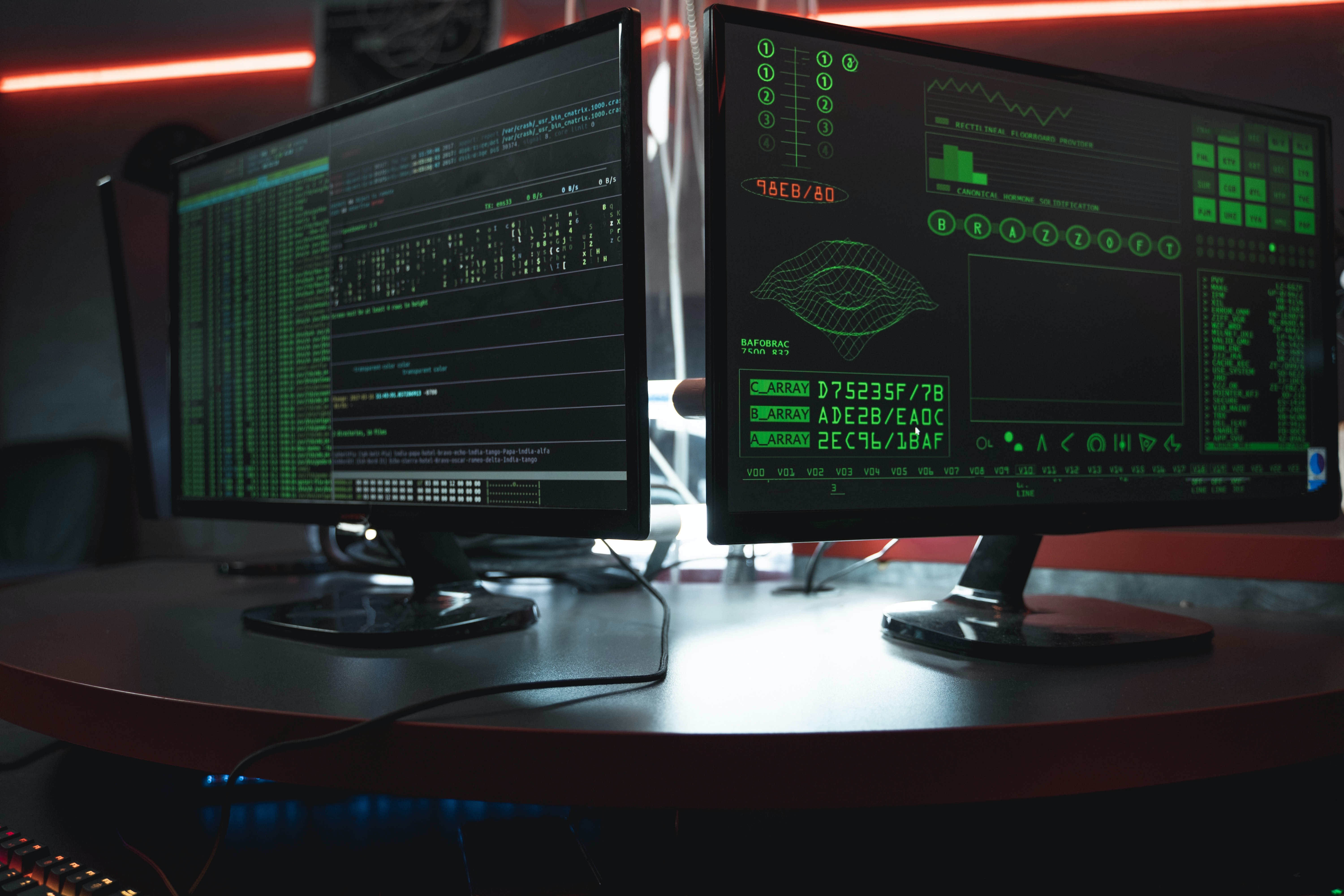 Dark monitors with green type marching across; quintessential iconography for cybersecurity