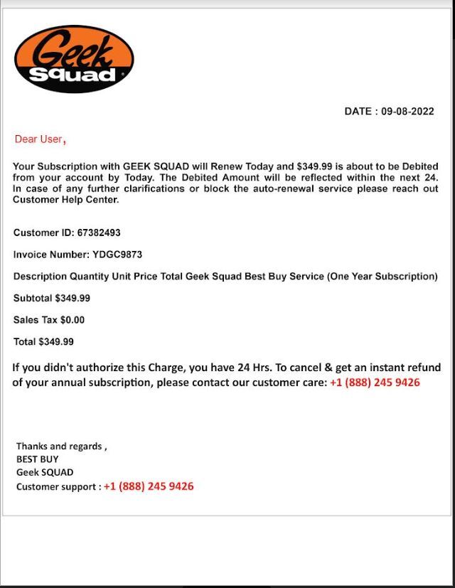 Email from Best Buy Geek Squad claiming the recipient owes money for their service subscription