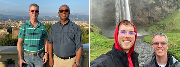 David Schaefer is shown with Grant Summers (left image) and his son RJ (right image) in Italy and Iceland, respectively