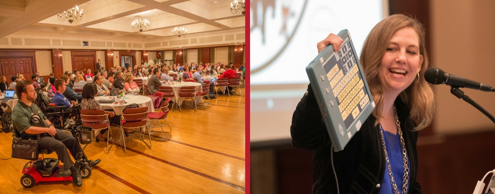 Access MU Symposium throughout the years. On the left, a group of people watching a presentation in a large room. On the right, a female-presenting person demonstrates an accessible keyboard.