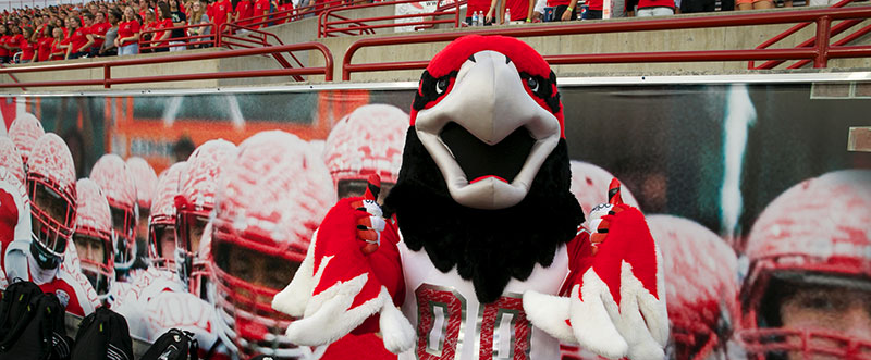 Swoop gives a thumbs up while students fill the football stands behind him.