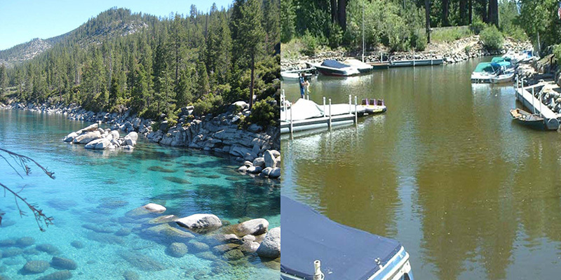 The pristine waters of Sand Harbor in Lake Tahoe contrast with the brown water in Star Harbor, Lake Tahoe, where people and boats are active. Dissolved organic matter from activity and from heavy rains can cloud the water and reduce solar disinfection.
