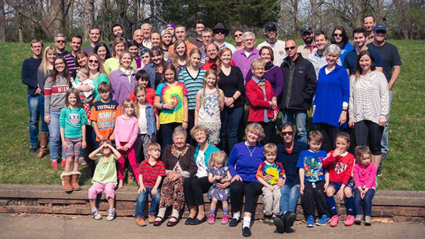 Louise Hautau, third from the left in the front row, with her family to celebrate her 100th birthday.