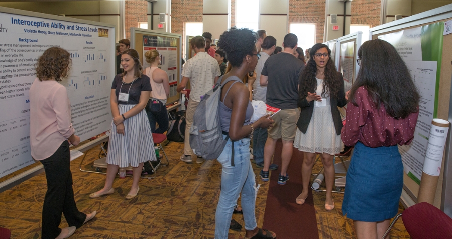 Above and below: Student researchers presenting their posters at the 2017 Undergraduate Research Forum.