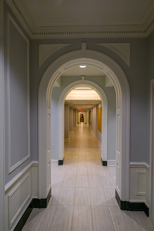 Looking down a long hallway