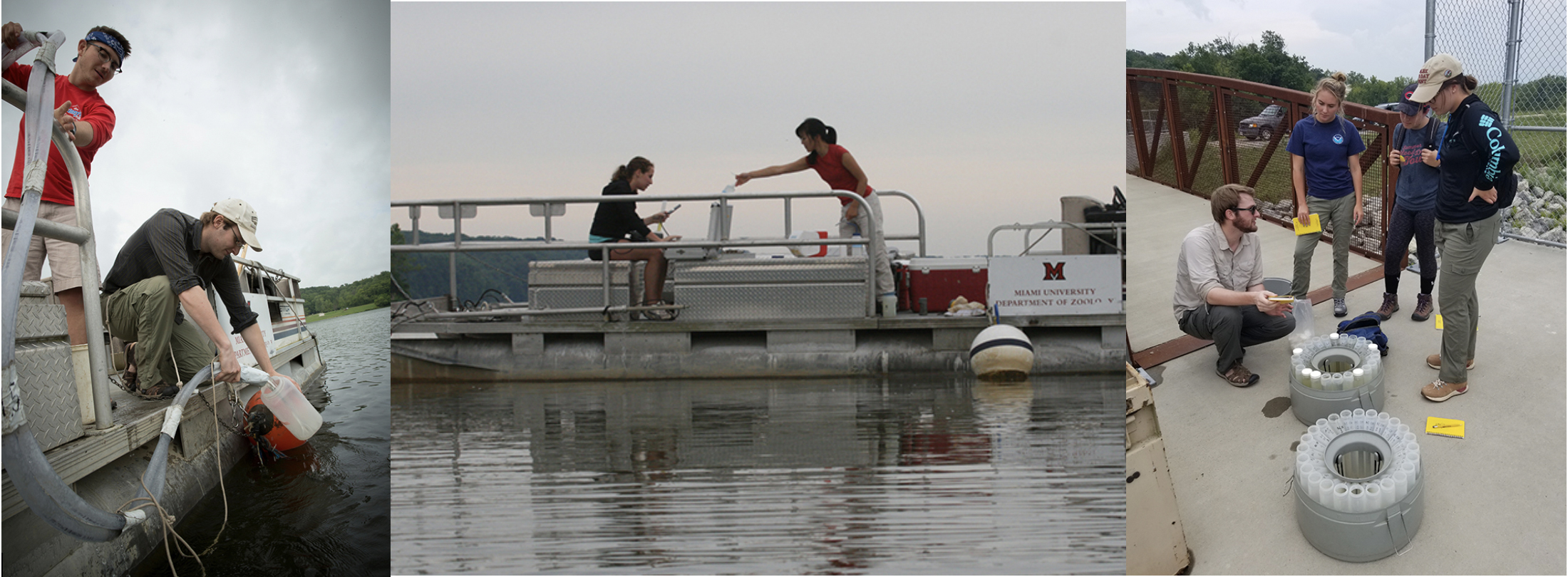 Long-term research on Acton Lake has involved more than 100  students over the past 25 years. Left to right:  Kevin Lash ('16, M.S. '18)  and doctoral student Tanner Williamson in 2015;  Jessica Gephart (Miami '11) and Claire Meikle ('14) in 2011; and Williamson, Tessa Farthing , graduate student, Izzy Aristizabal, senior, and  Claire Stock, junior, in 2019. 