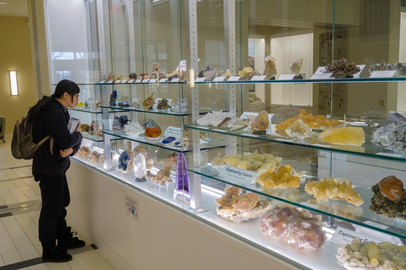 student looking at crystals in window of geology museum