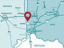 Map of Ohio, Kentucky, and Indiana with pin locating Oxford and Miami University