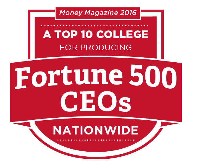 A top 10 college for producing Fortune 500 CEOs nationwide. Money Magazine 2016