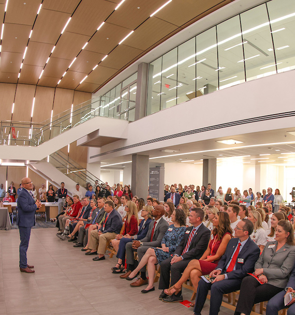 President Greg Crawford speaking during the dedication at the clinical health sciences and wellness building