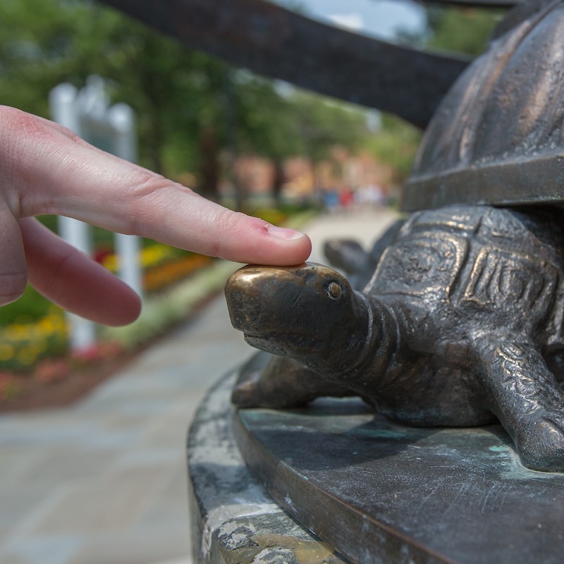 Rubbing the turtle's head on sundial brings good luck before an exam.