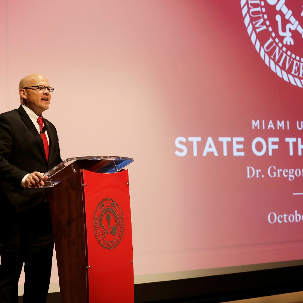 President Crawford delivering the State of the University address