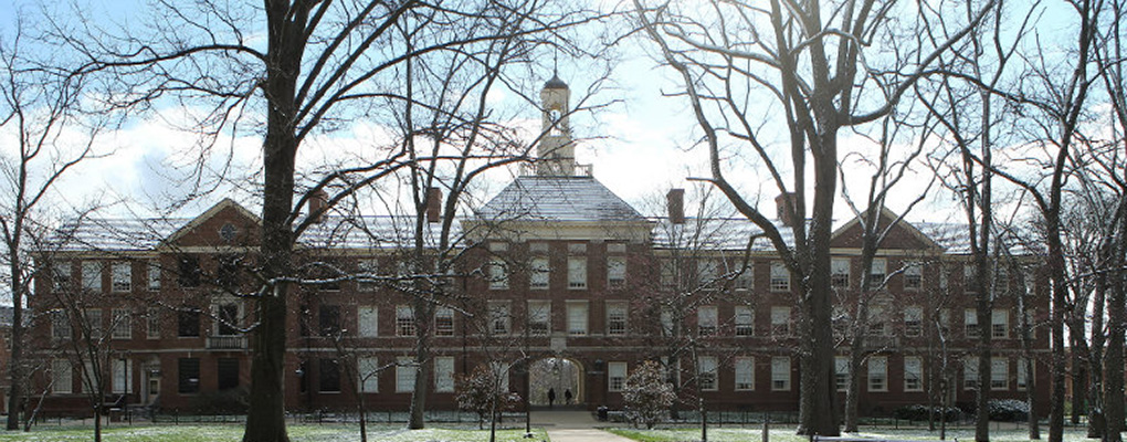 Exterior of Upham Hall on a snowy day