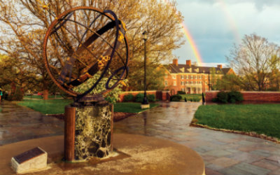 Sundial in foreground, surrounded by wet pavement. A rainbow appears over a building in the background.