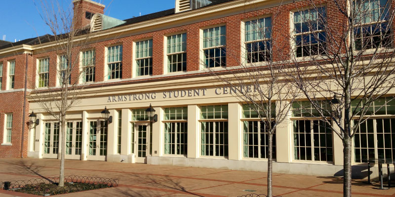 Facade of the Armstrong Student Center at Miami University in Oxford, Ohio.