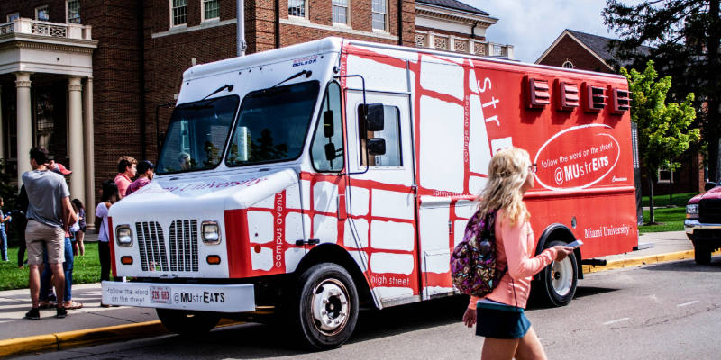 Photo of the strEATS Food Truck parked outside of Farmer School of Business serving students