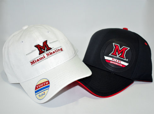 Shown is a photo of two hats. One says "Miami Skating," the other says "Miami University."