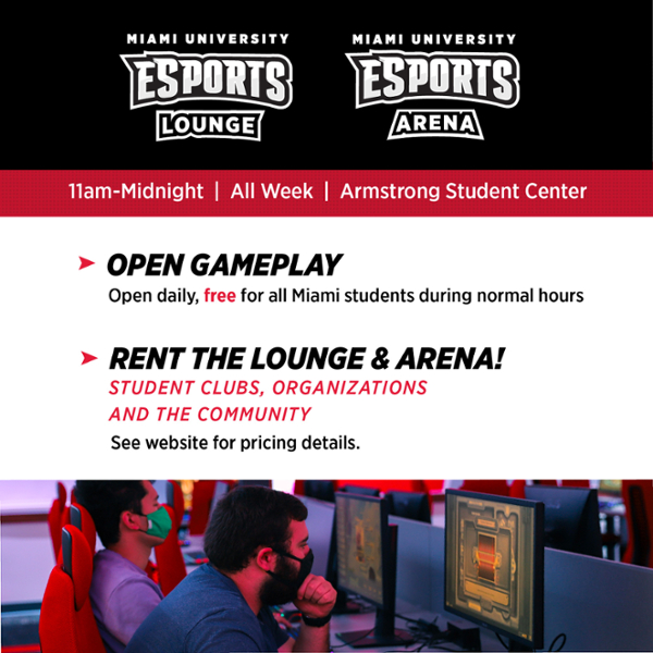 Esports Now Open from 11am-Midnight for free student play, rental available