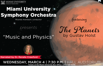 poster for the concert with image of planet Mars, inset of Dr. Crawford, title, time, location of event