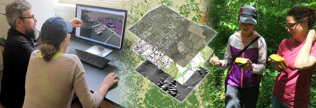 photo collage of geospatial analysis field and lab activities, as well as layered maps