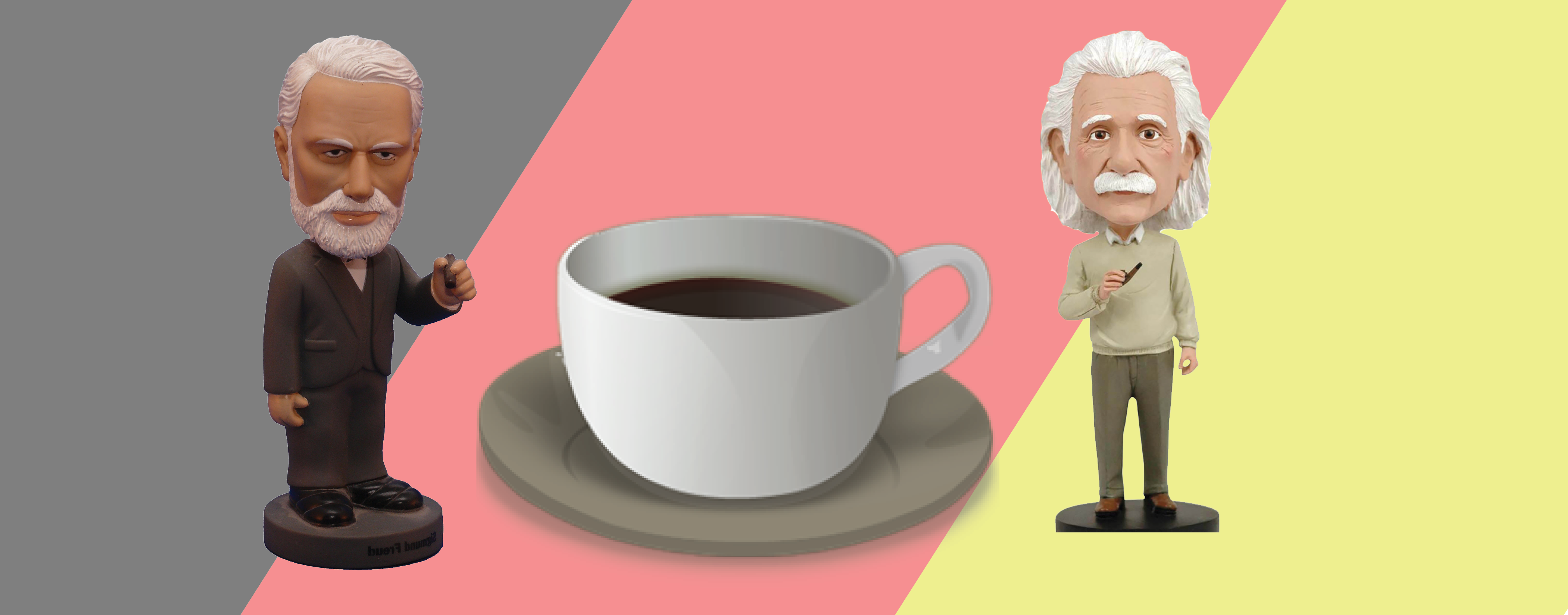 Bobbleheads of Einstein and Freud with a coffee cup