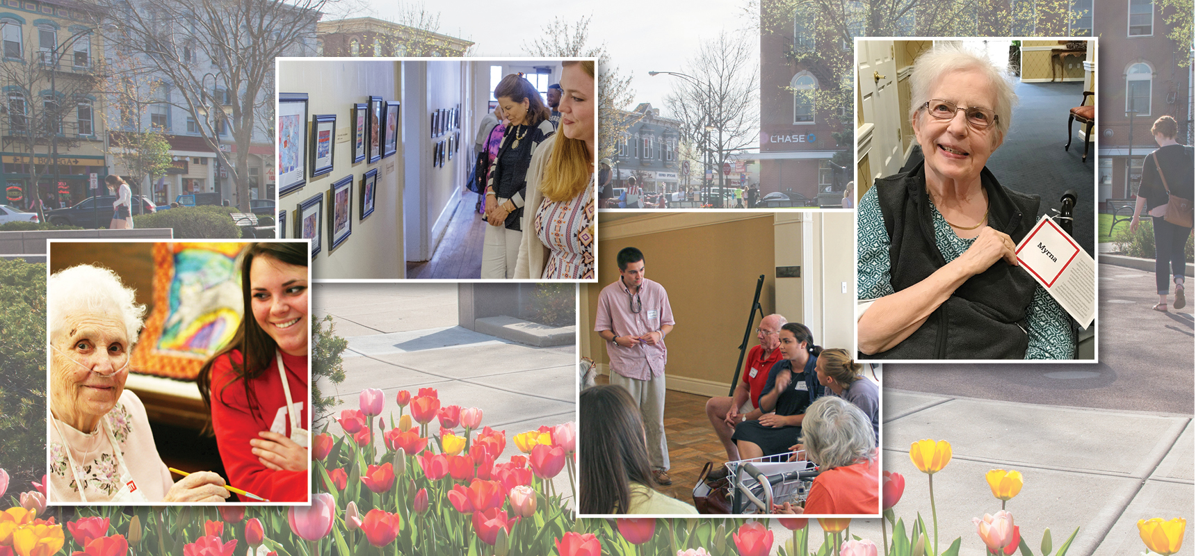 Images of the Oxford community. uptown oxford, a Miami student and an OMA artist, students giving a community presentation, families looking at a gallery at an OMA art show, and a nursing home resident showing off her PAL card