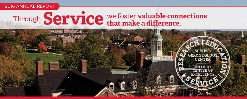 Image: Miami University's Oxford campus from the air. Text: 2016 Annual Report. Through Service we foster valuable connections that make a difference.