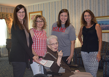 Pictured; Miami Scripps Gerontology researcher Dr. Katy Abbott, The Knolls of Oxford Activities Director Suzanne House, Miami Graduate Student Morgan Liddic and The Knolls Director of Communications Stacey Brekke with Knolls resident Myrna Strohmier.