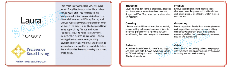 Image of a PAL card. The resident's name and bio are on one side. Her areas of interest such as shopping, cooking, friends, and animals are on the back side.