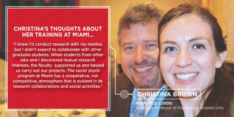  Christina Brown-I knew I'd conduct research with my mentor, but I didn't expect to collaborate with other graduate students. When students from other labs and I discovered mutual research interests, the faculty supported us and helped us carry out our projects. The social psych program at Miami has a cooperative, not competitive, atmosphere that is evident in its research collaborations and social activities.
