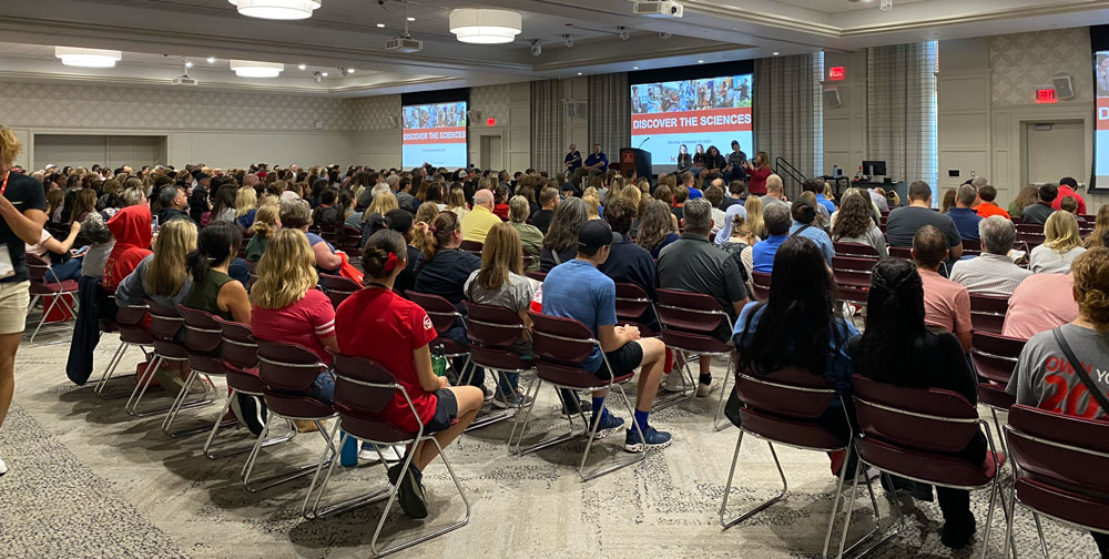 Discover the Sciences guests assemble in Shriver Center for a morning presentation and panel featuring CAS science majors.