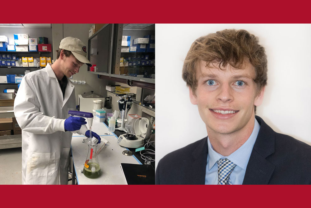 Croner working in the lab (left), photo of Luke Croner (right)