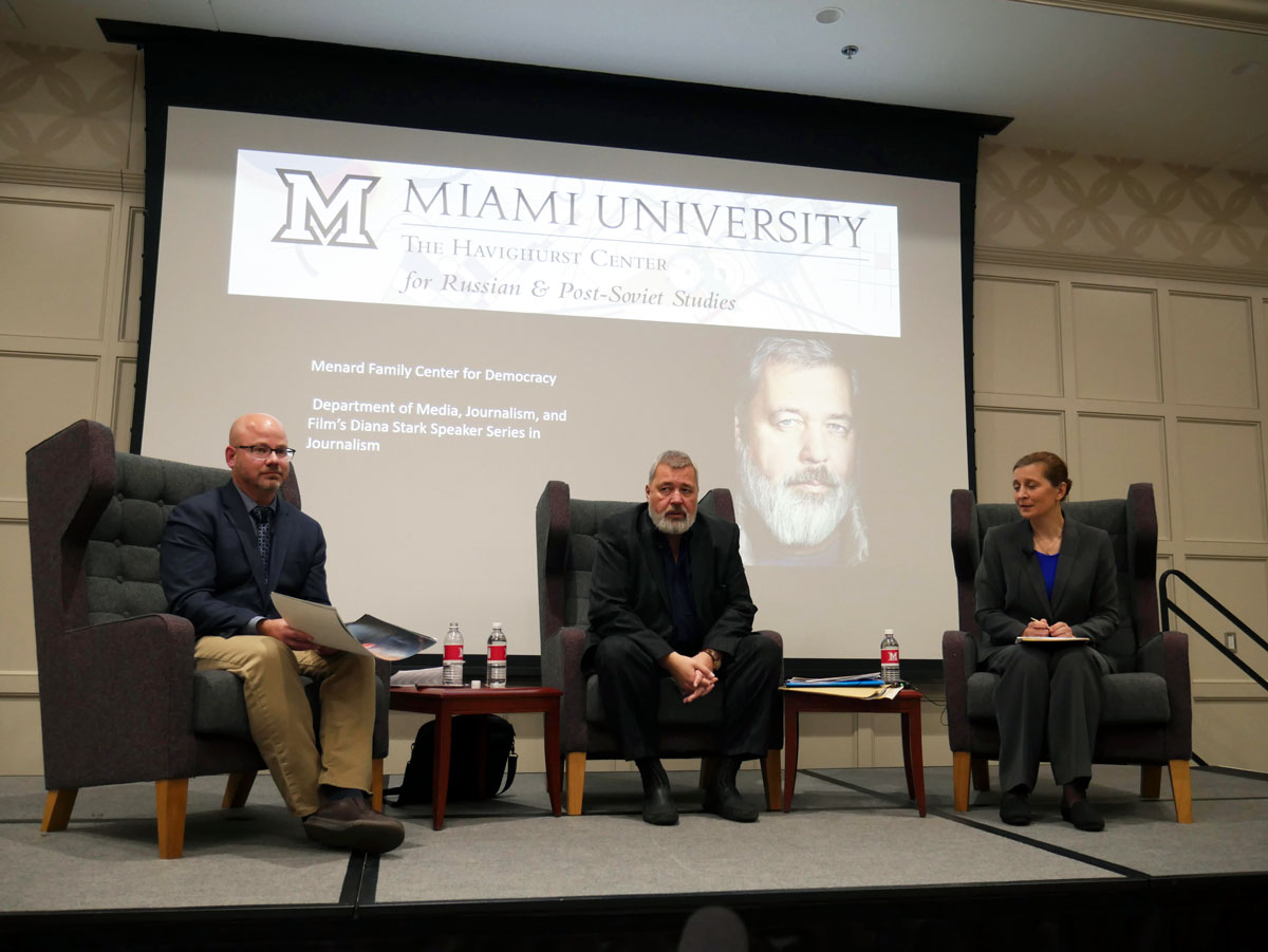 Havighurst Center director Stephen Norris, journalist Dmitry Muratov, and interpreter Anna Krushelnitskaya presented before a full audience of Miami community members.
