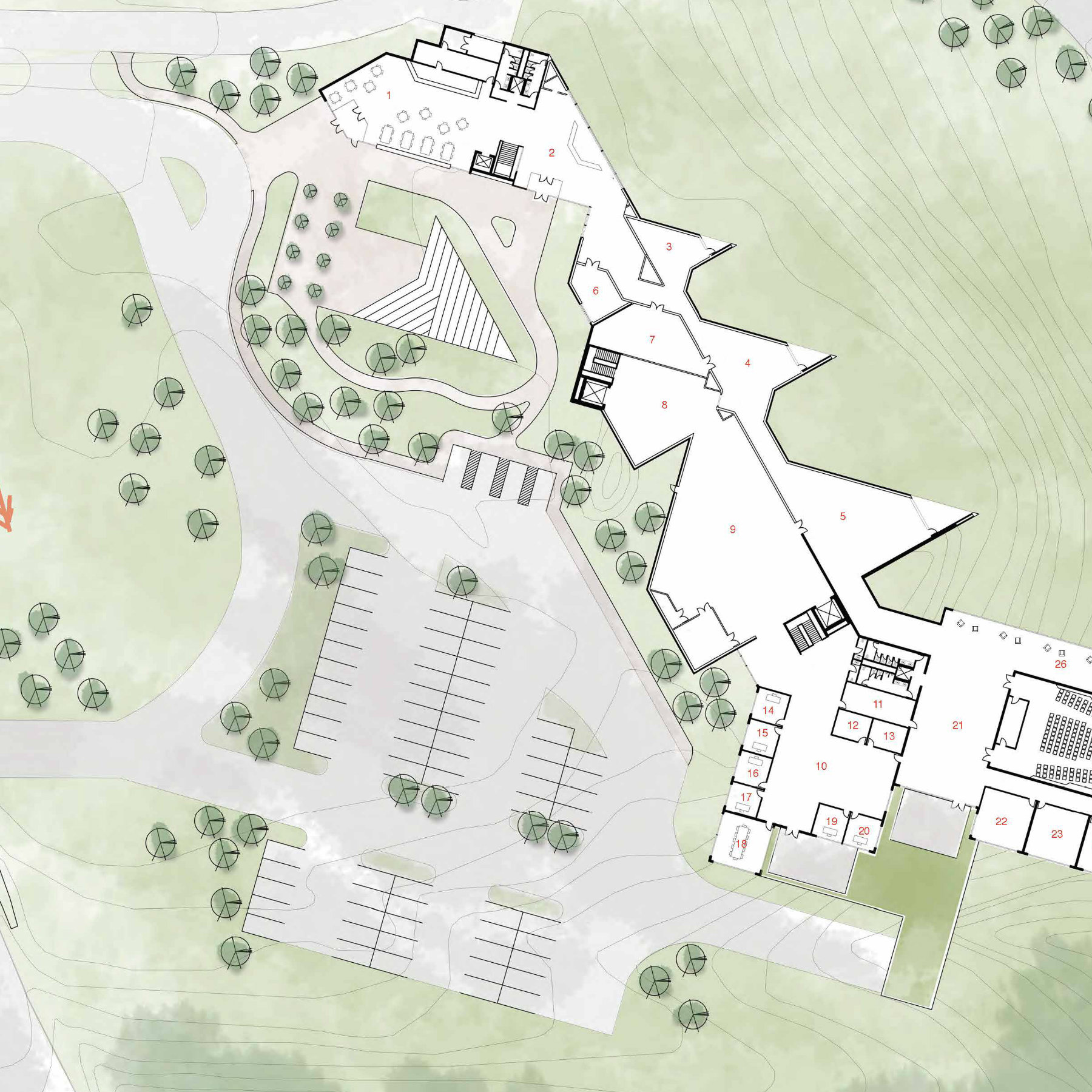 drawing of a site plan with building, green space and parking area