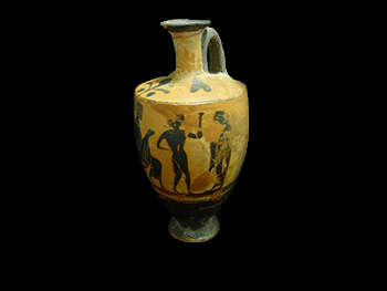 Greek Lekythos vase with black figure drawings