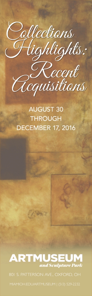 Against a marbled background, text: Collections highlights, recent acquisitions, August 30 through December 17, 2016. Art Museum.