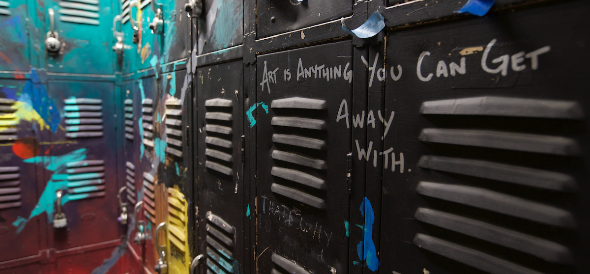  Art Building lockers, decorated with slogans and colorful paint