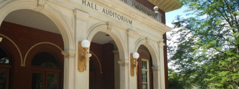 Closeup of Hall Auditorium main entrance