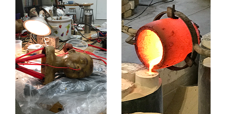 On left, a bronze head sculpture is attached to tubing and rests on a table. At right, a red hot bronze pour
