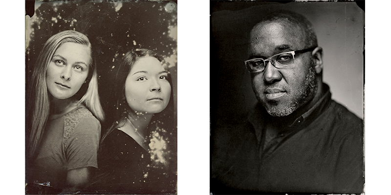 Tintype photos. At left 2 women. At right a man