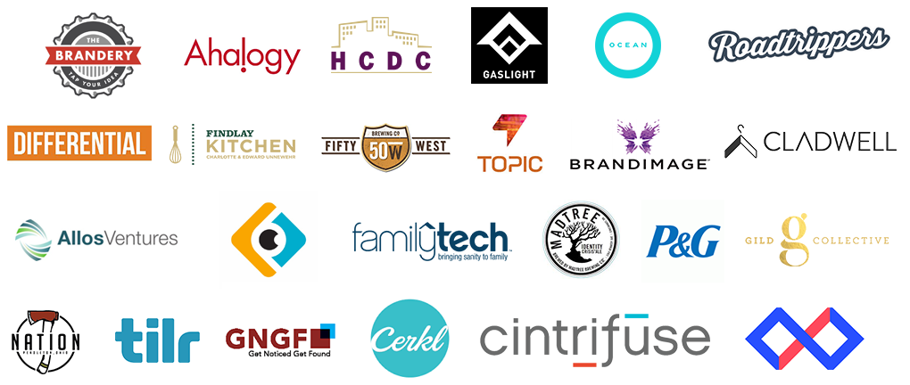  The company logos for Brandery, Ahalogy, HCDC, Gaslight, OCEAN Accelerator, Roadtrippers, Differential, Findlay Kitchen, 50 West, Topic, Brandimage, Cladwell, AllosVentures, PupilBox, FamilyTech, Madtree Brewery, P&G, Gild Collective, Nation Kitchen and Bar, tilr, GNGF, Cerkl, Cintrifuse, and Losant