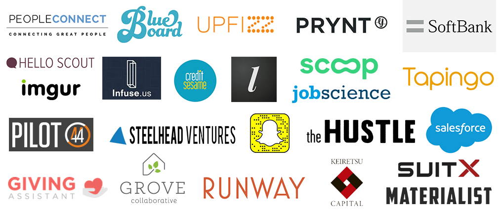  company logos for peopleconnect, blue board, upfizz, prynt, softbank, hello Scout, imgur, infuse.us, credit sesame, The League, scoop, jobscience, tapingo, pilot 44, Steelhead Ventures, Snapchat, the hustle, salesforce, giving assistant, grove collaborative, runway, keiretsu capital, suit x, and the materialist