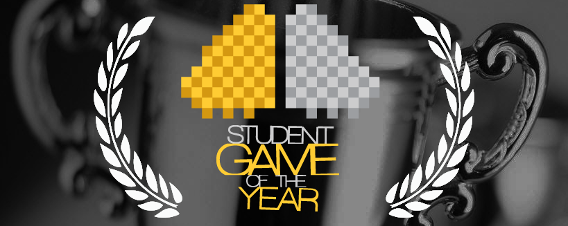 A blurred gray background. Laurels surround words 'Student Game of the Year', with a yellow and gray pixel design above
