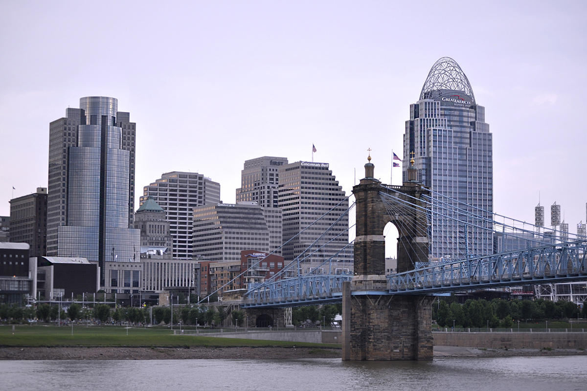 Cincinnati skyline and river at dusk