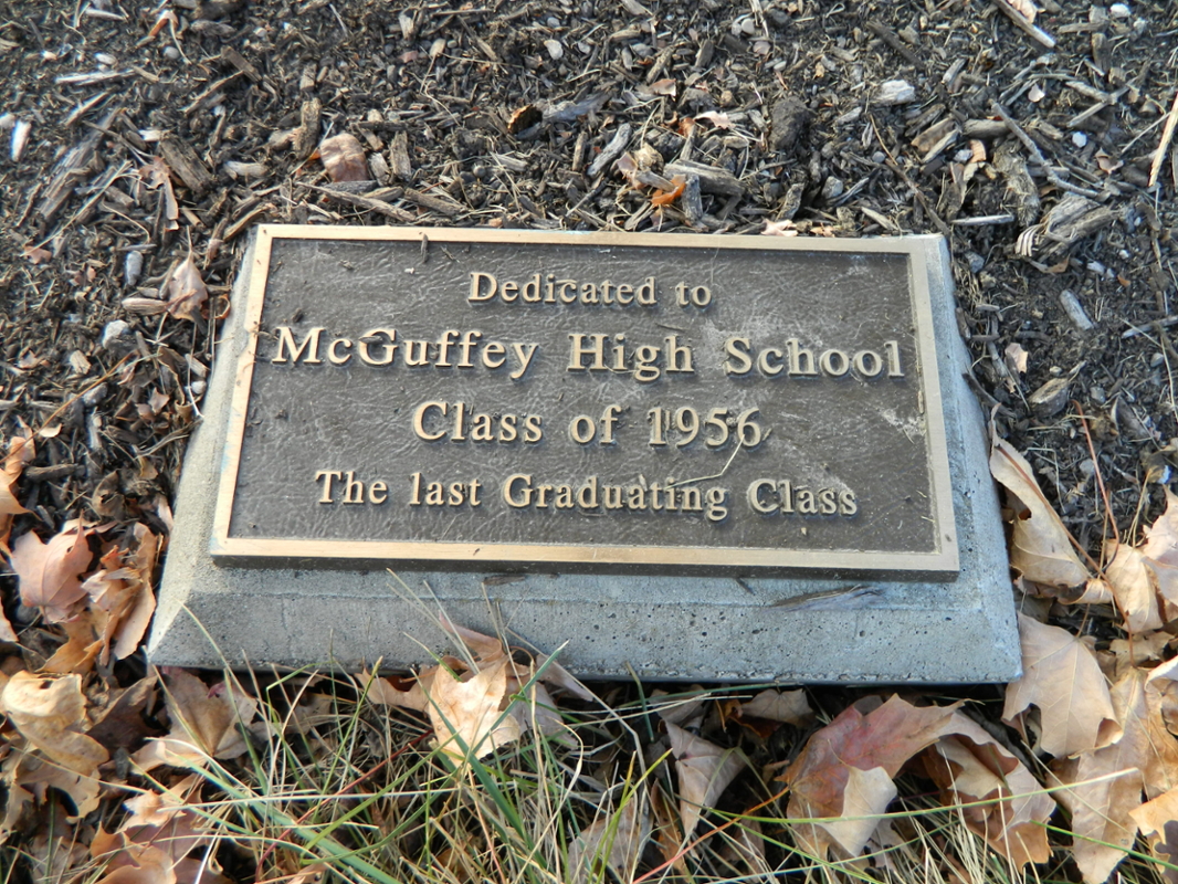 Dedication plaque: Dedicated to McGuffey High School Class of 1956. The last Graduating Class.