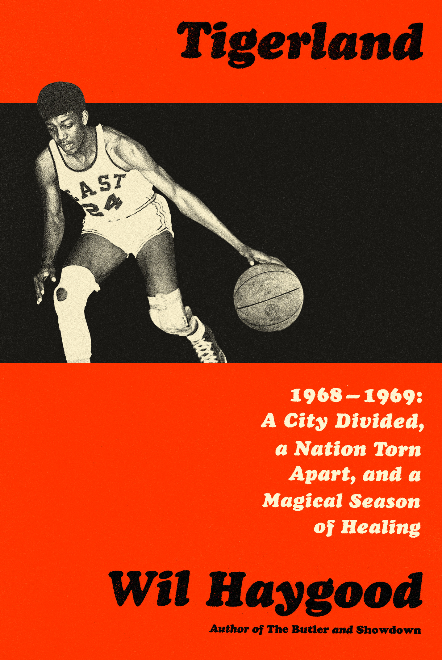 Tigerland book jacket, with vintage photo of basketball player, book title, author name